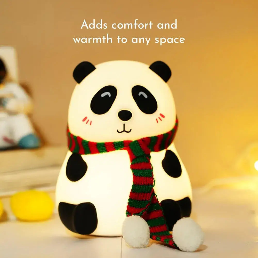 Cute night Panda lamp with a cozy design, featuring a panda shape and a colorful scarf, providing warmth and comfort.