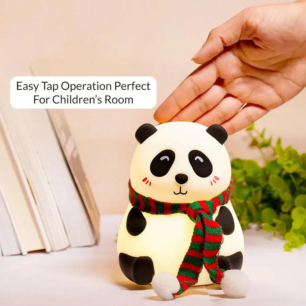 Cute night Panda lamp with a hand activating the tap operation, perfect for children's room.