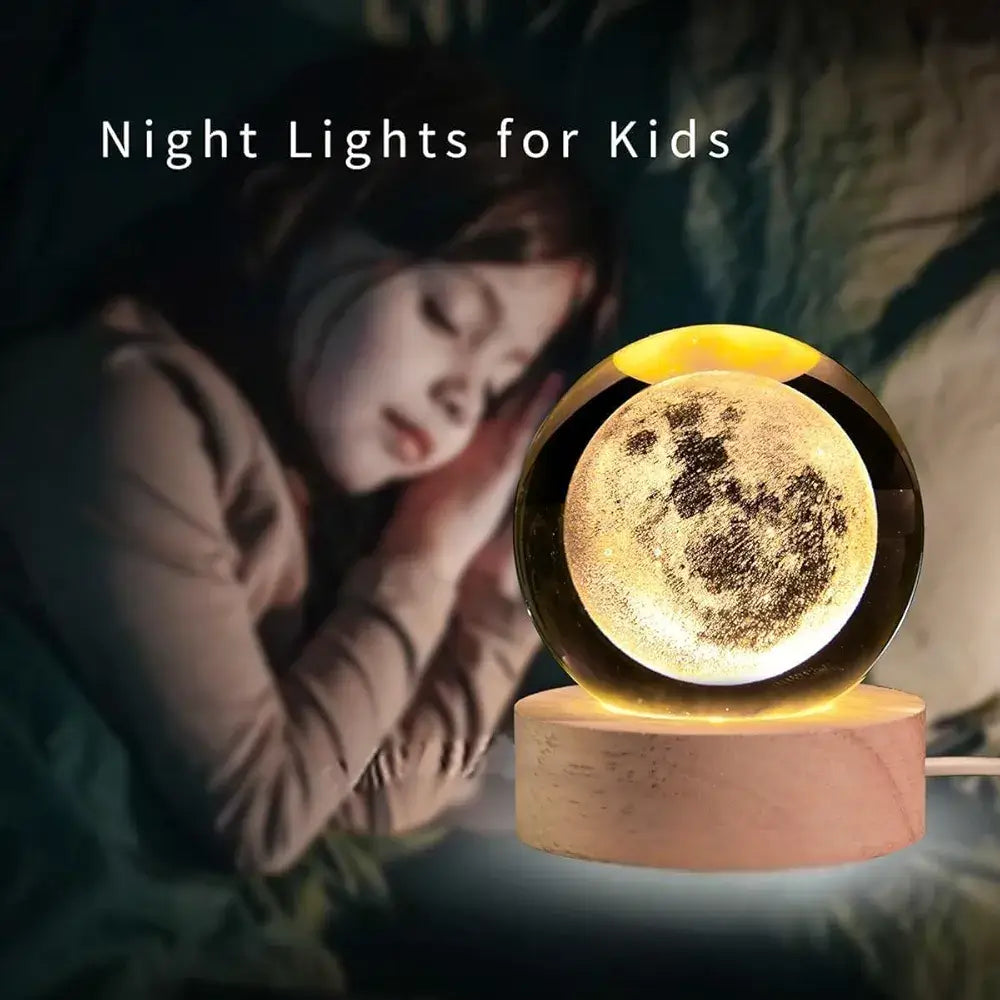 3D Moon Crystal Ball Lamp glowing on wooden base