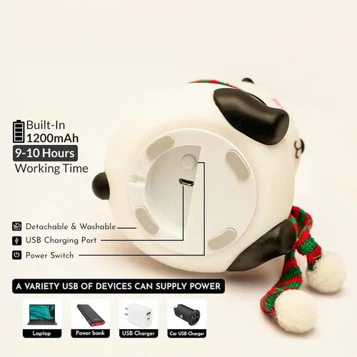 Cute night Panda lamp showing USB charging port, built-in battery, and power switch for portable use.