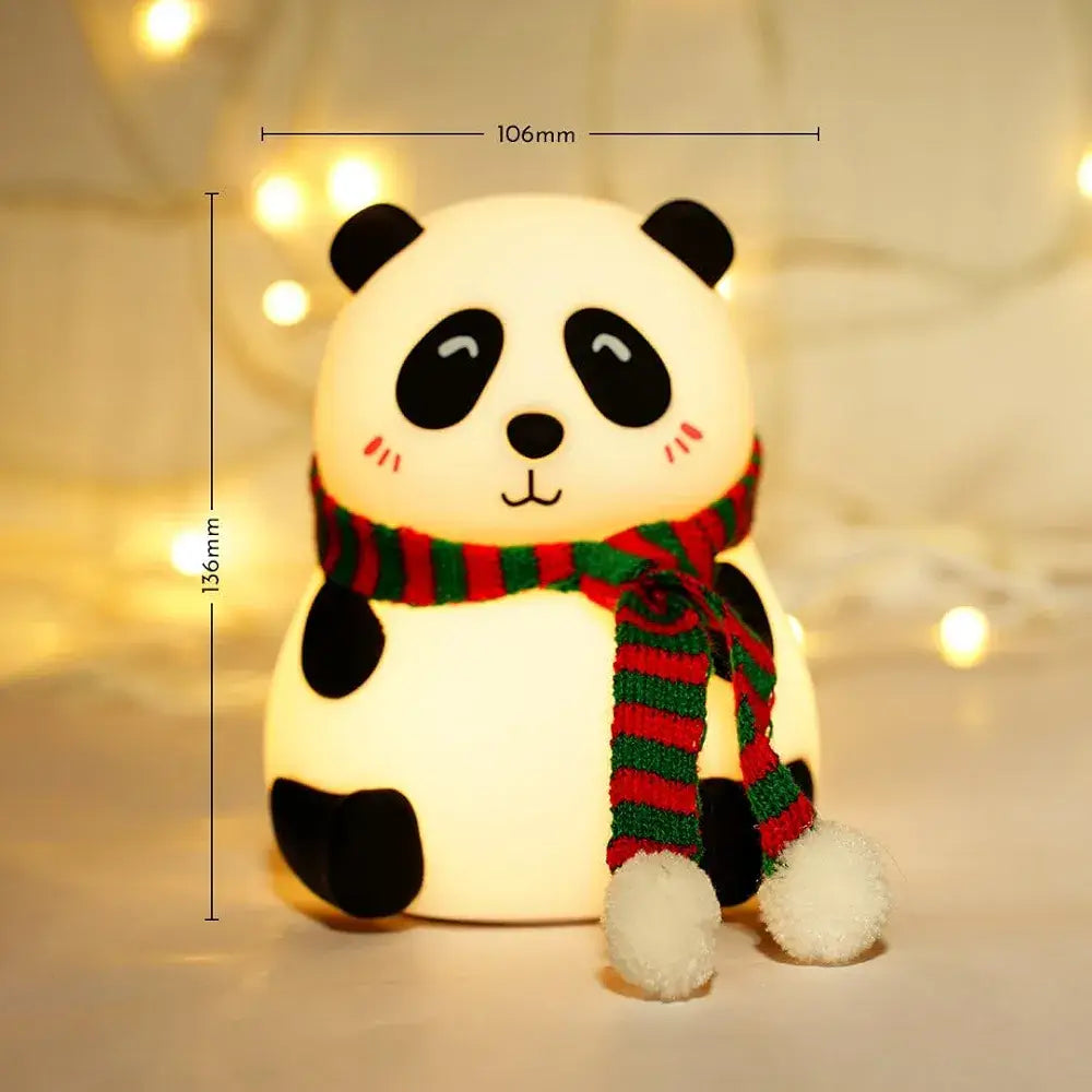 Cute night Panda lamp with soft glow, wearing a red and green striped scarf, perfect for kids' rooms.